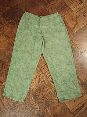 LL Bean 100% Linen Olive Green Floral Pants Elastic Back Wide Leg Petite Sz 10P